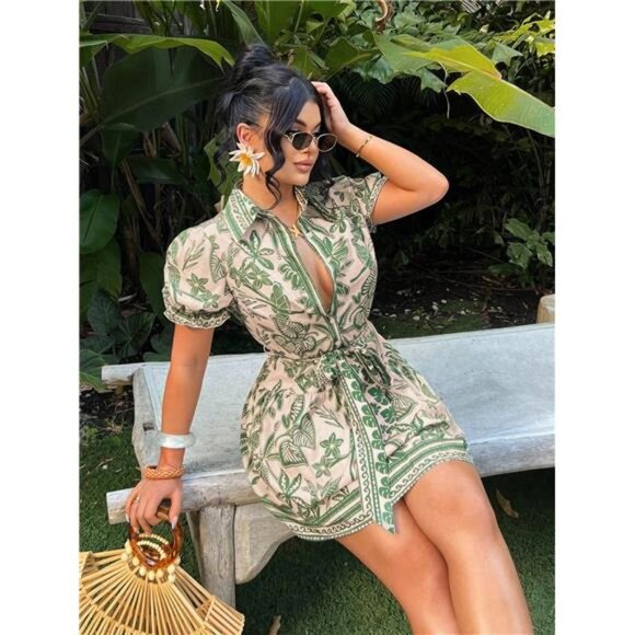 NEW - Boho Single-Breasted Tie-Front Short Sleeve A-Line Dress - Picture 5 of 8